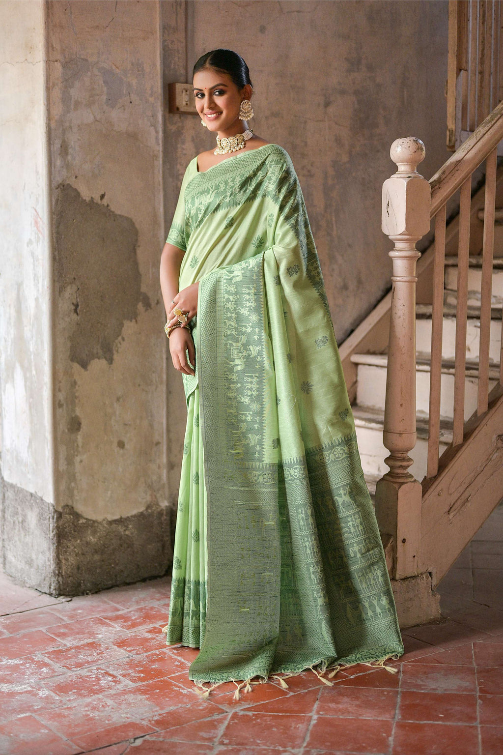 Pista Green Handloom Raw Silk Saree with Weaving Pallu
