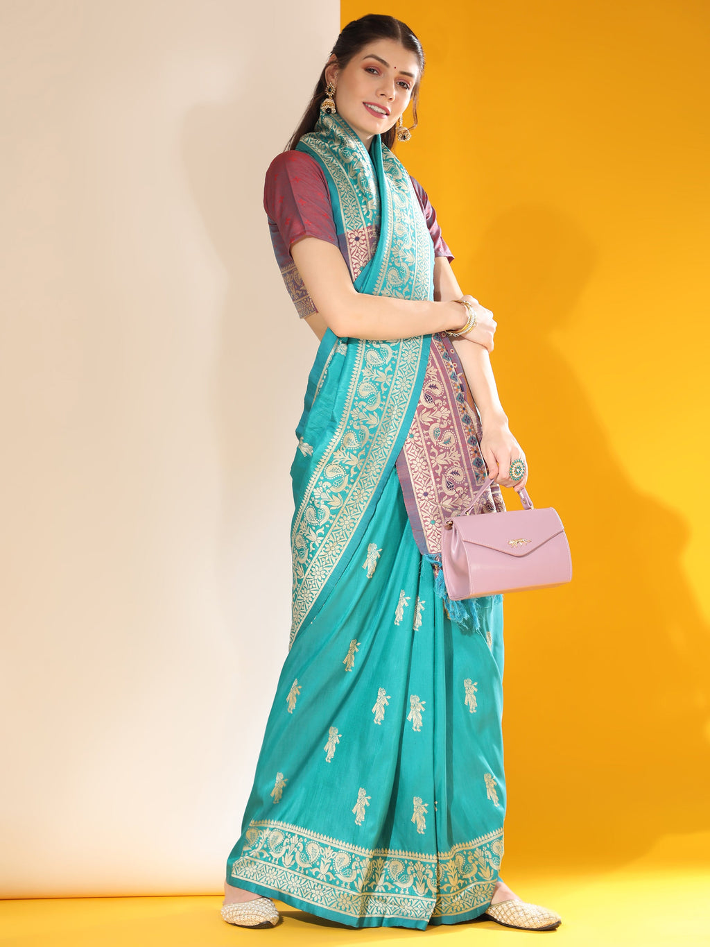 Firozi Soft Raw Silk Two Tone Weaving Traditional Saree with Blouse