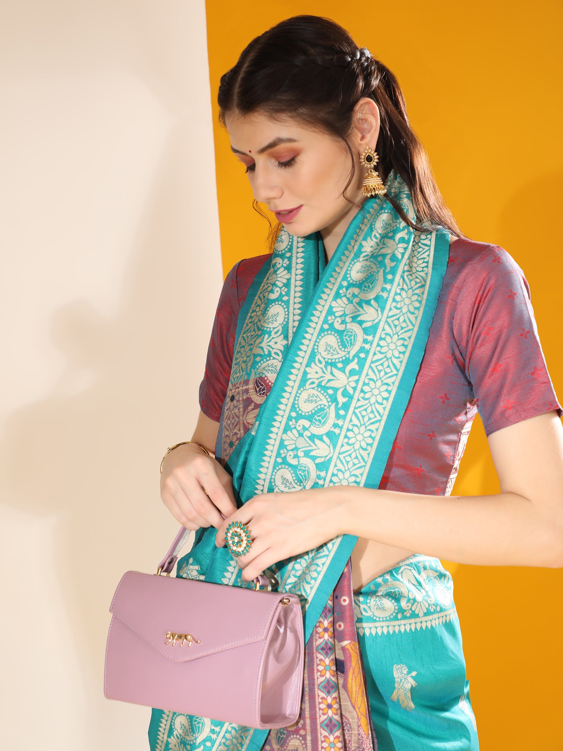 Firozi Soft Raw Silk Two Tone Weaving Traditional Saree with Blouse