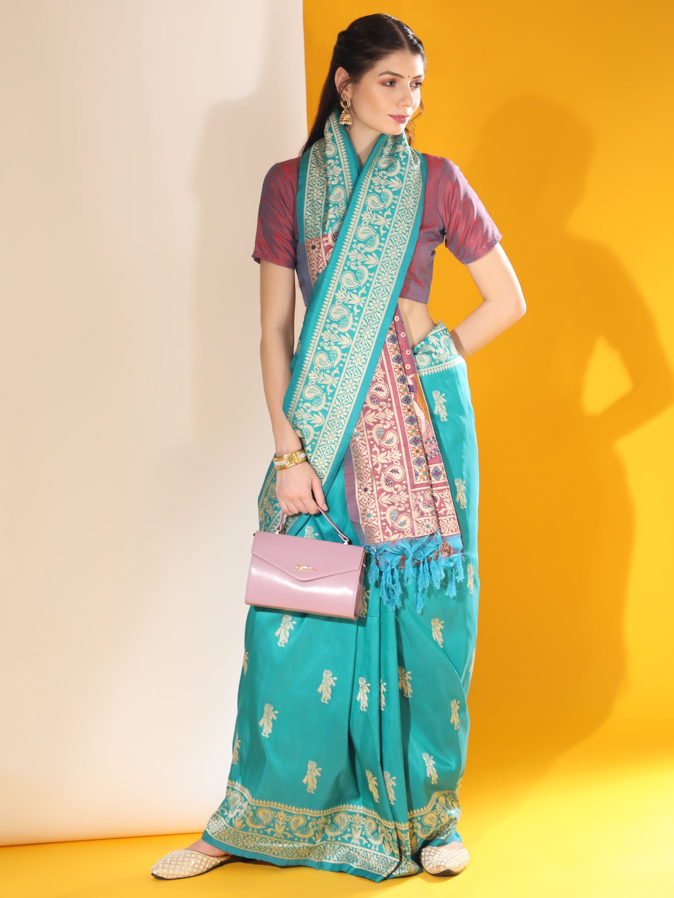 Firozi raw silk saree with two-tone weaving finish