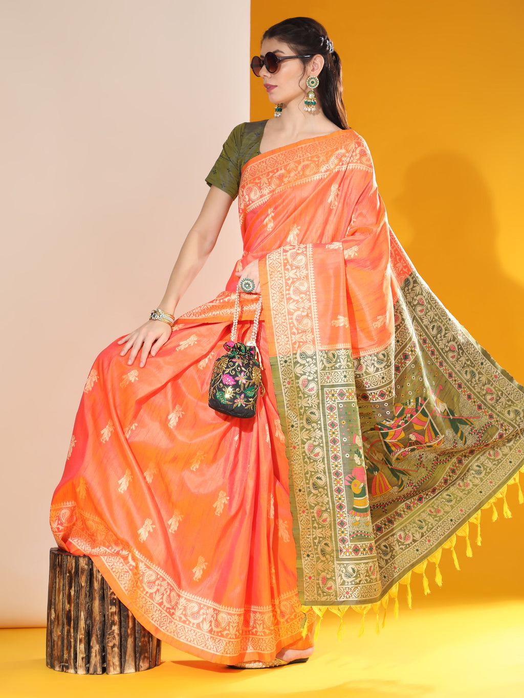 Orange Soft Raw Silk Saree with Two-Tone Weaving and Blouse