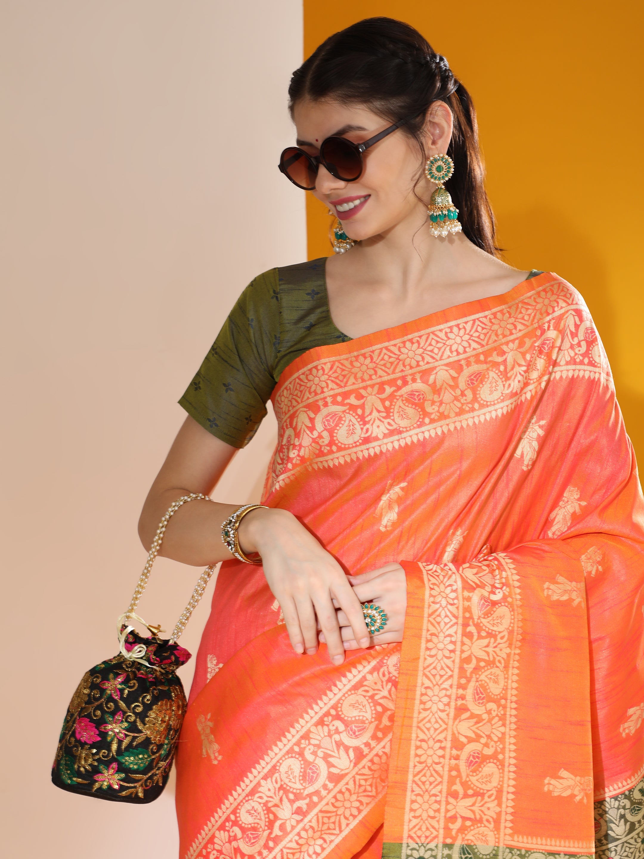 Orange Soft Raw Silk Saree with Two-Tone Weaving and Blouse