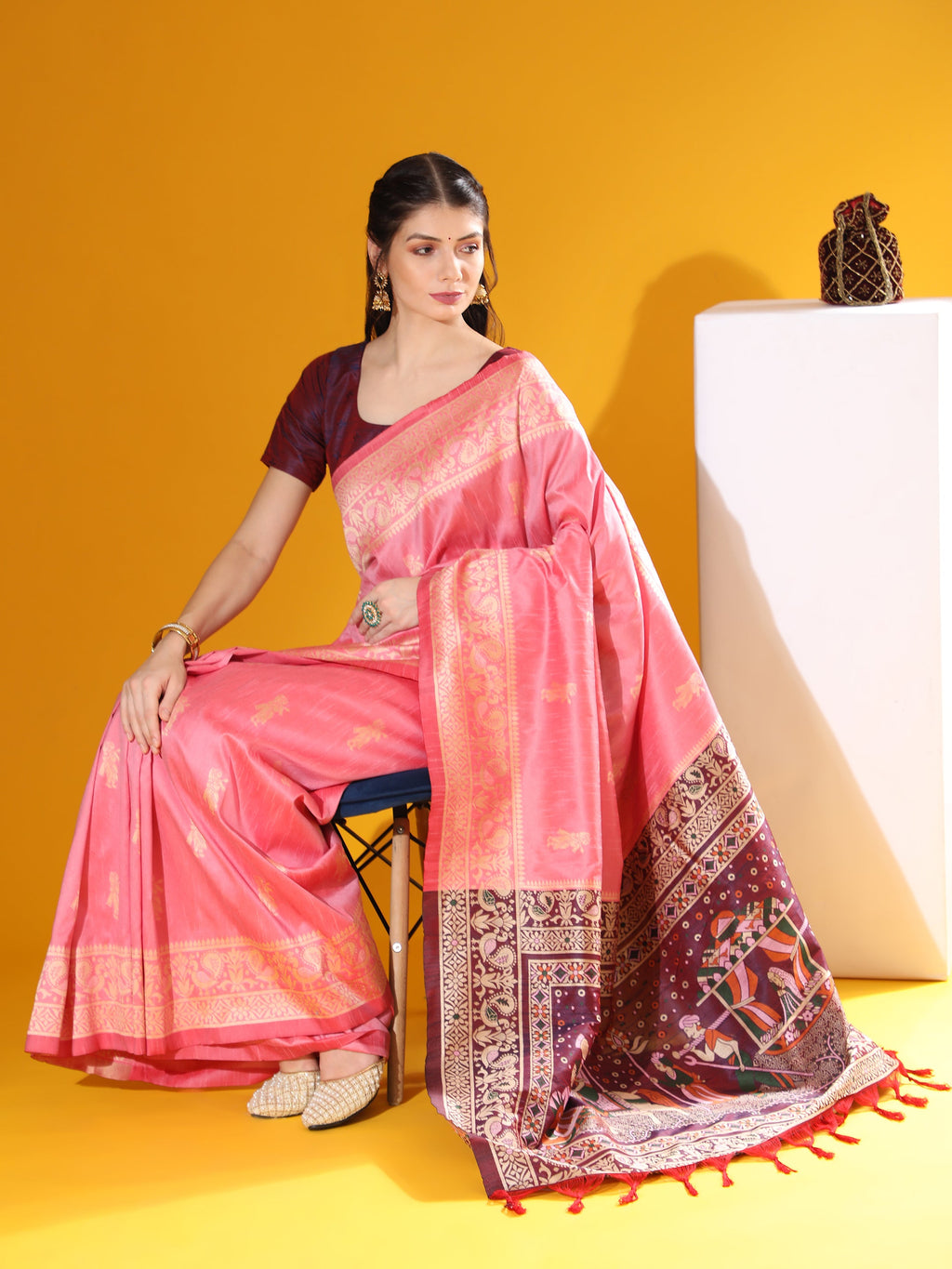 Pink Soft Raw Silk Saree with Two-Tone Weaving and Blouse