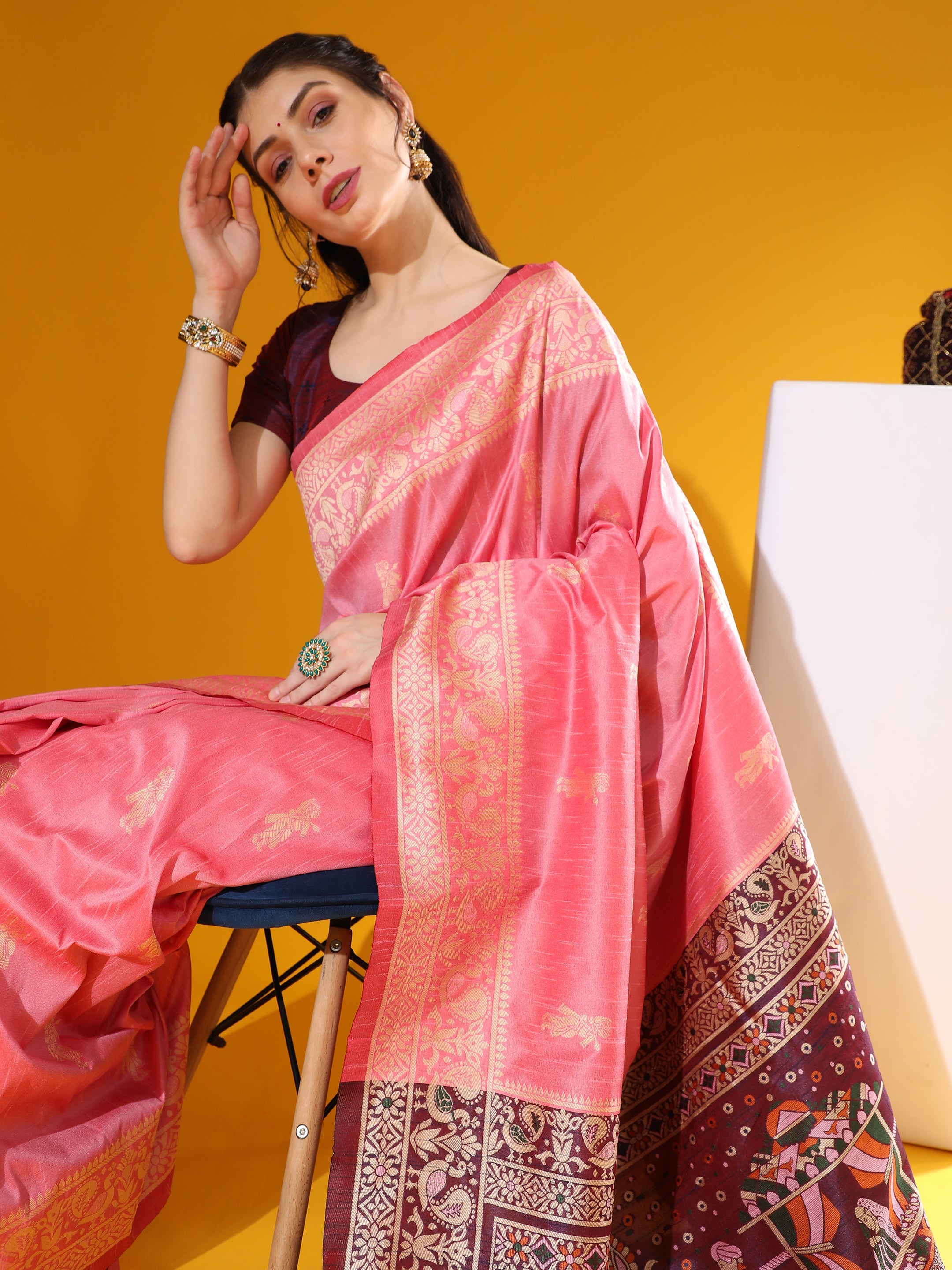 Pink Soft Raw Silk Saree with Two-Tone Weaving and Blouse