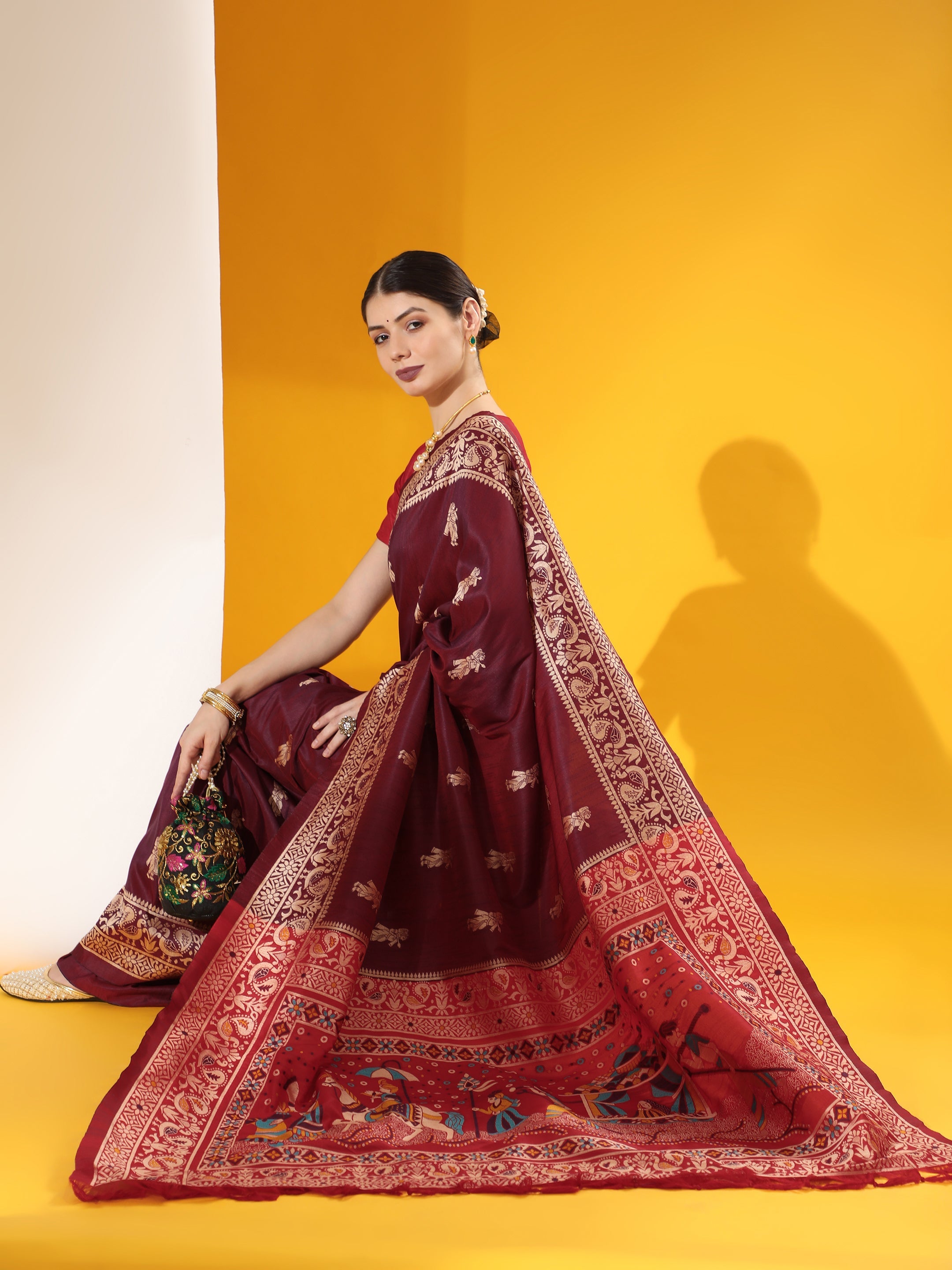 Wine Soft Raw Silk Two Tone Weaving Traditional Saree with Blouse