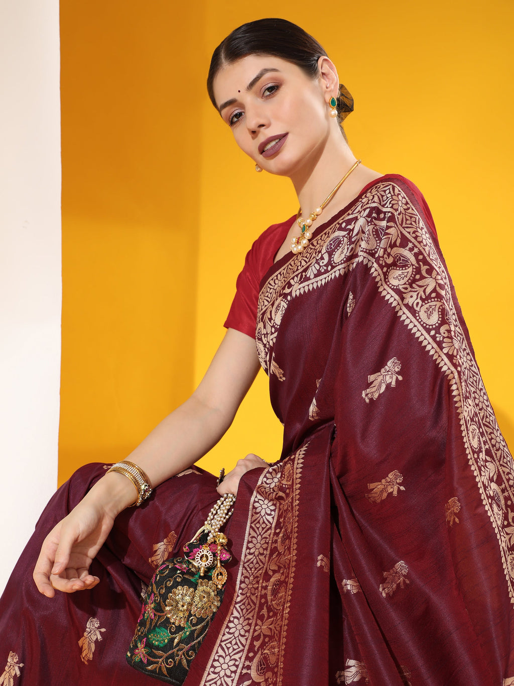 Wine Soft Raw Silk Two Tone Weaving Traditional Saree with Blouse