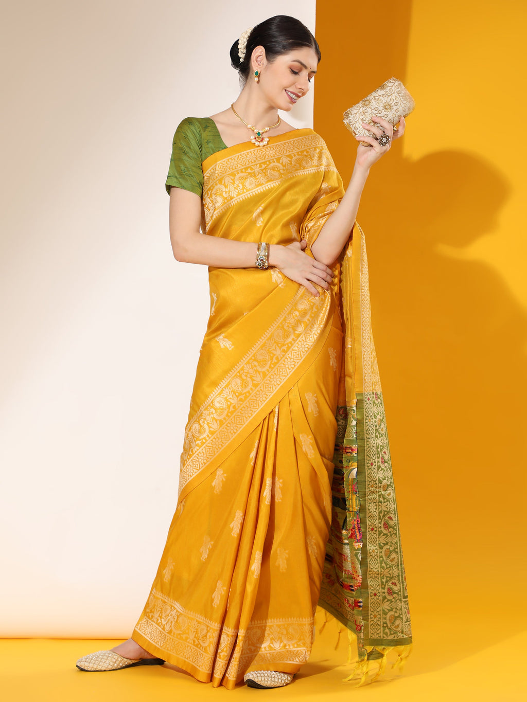 Yellow Soft Raw Silk Traditional Two-Tone Saree with Blouse