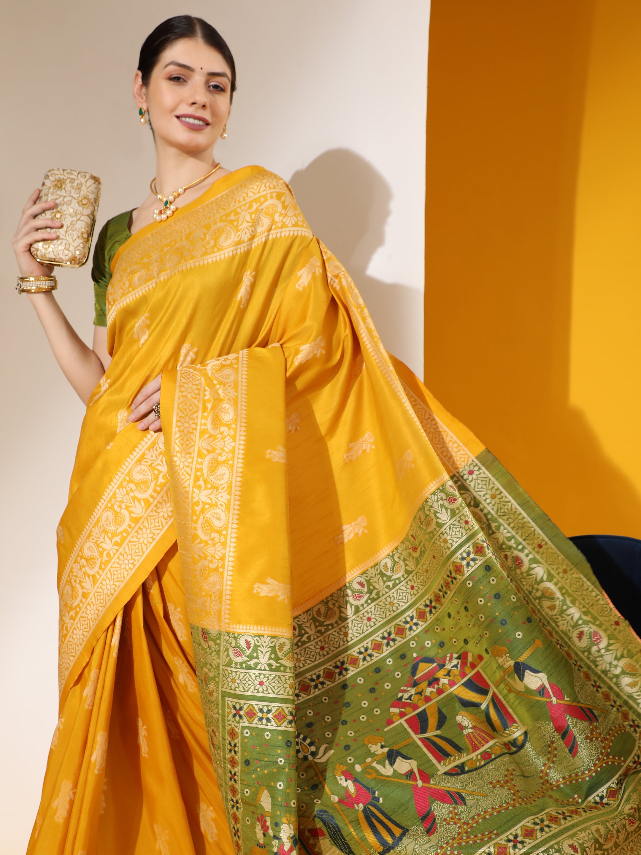 Yellow Soft Raw Silk Traditional Two-Tone Saree with Blouse