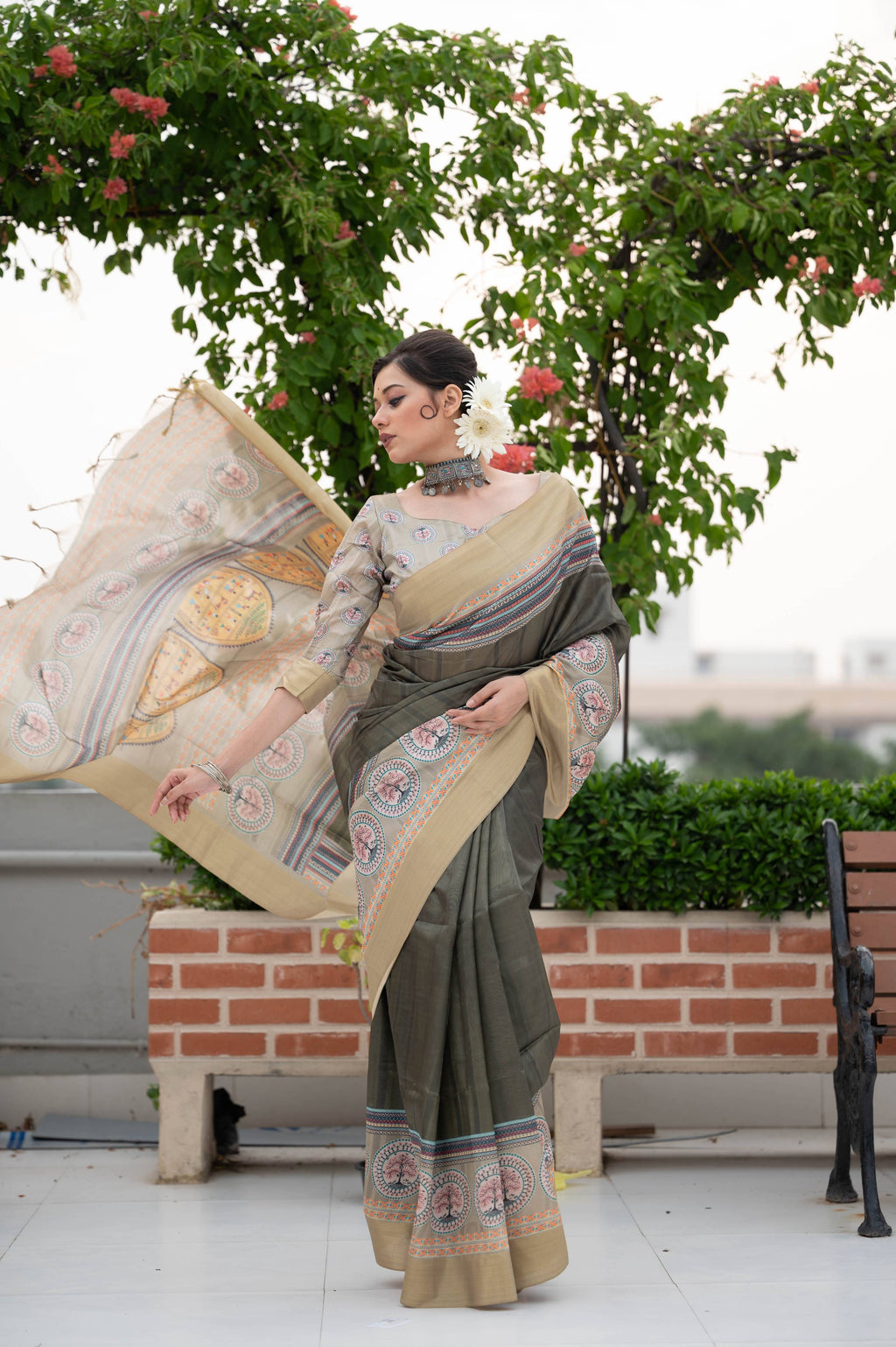Verdun Green Soft Tussar Silk Saree with Zari Border