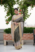 Verdun Green Tussar Silk saree with traditional print and zari border