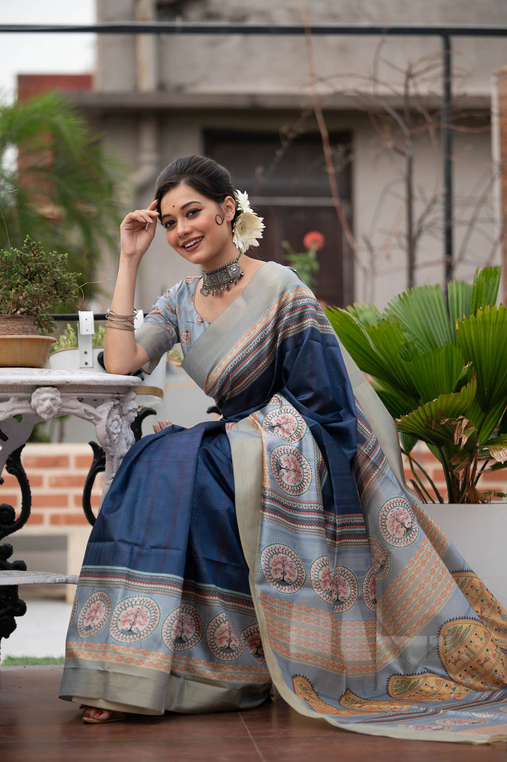 Navy Blue Soft Tussar Silk Saree with Traditional Print & Zari