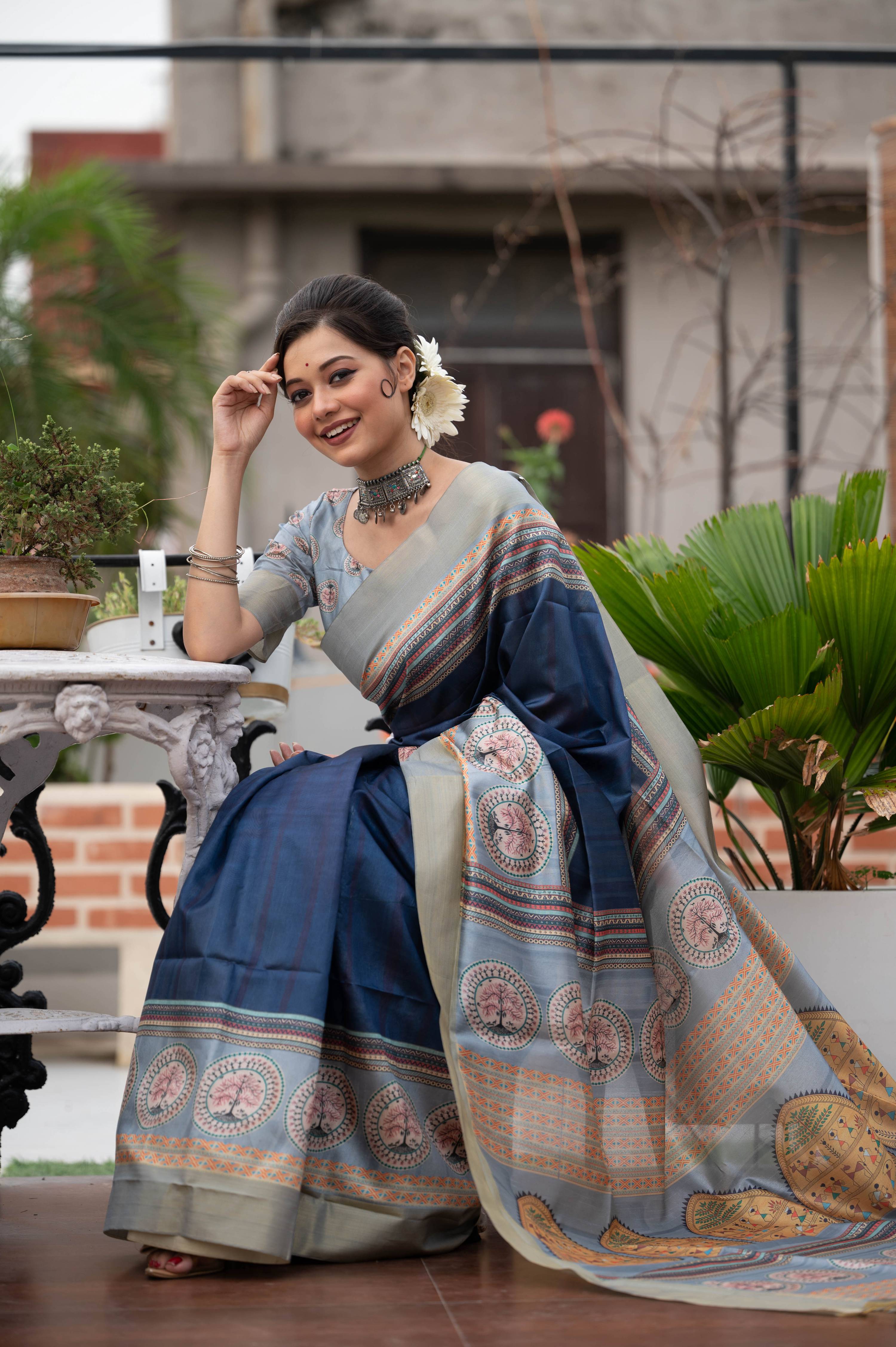 Navy Blue Soft Tussar Silk Saree with Traditional Print & Zari
