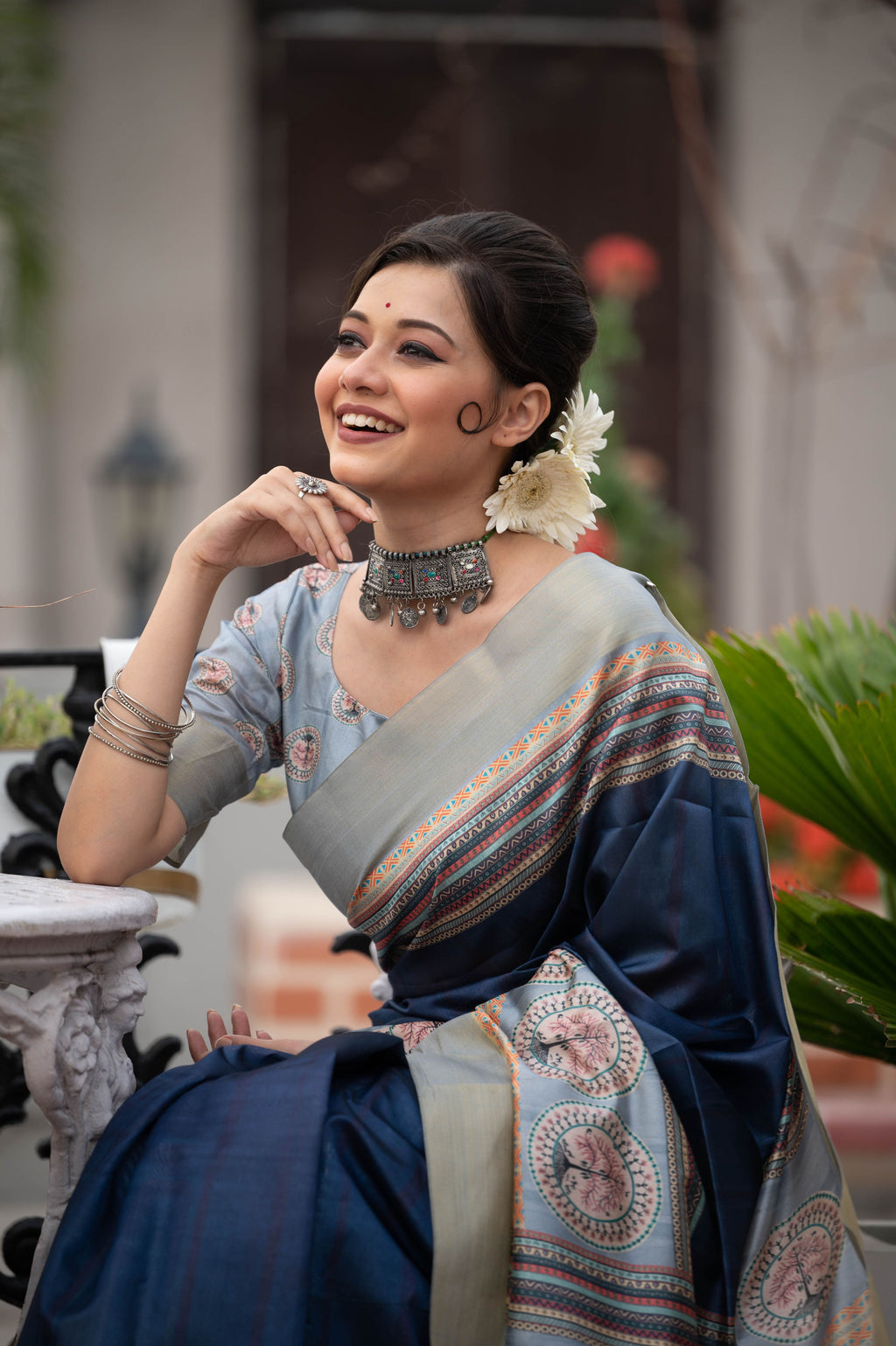 Navy Blue Soft Tussar Silk Saree with Traditional Print & Zari