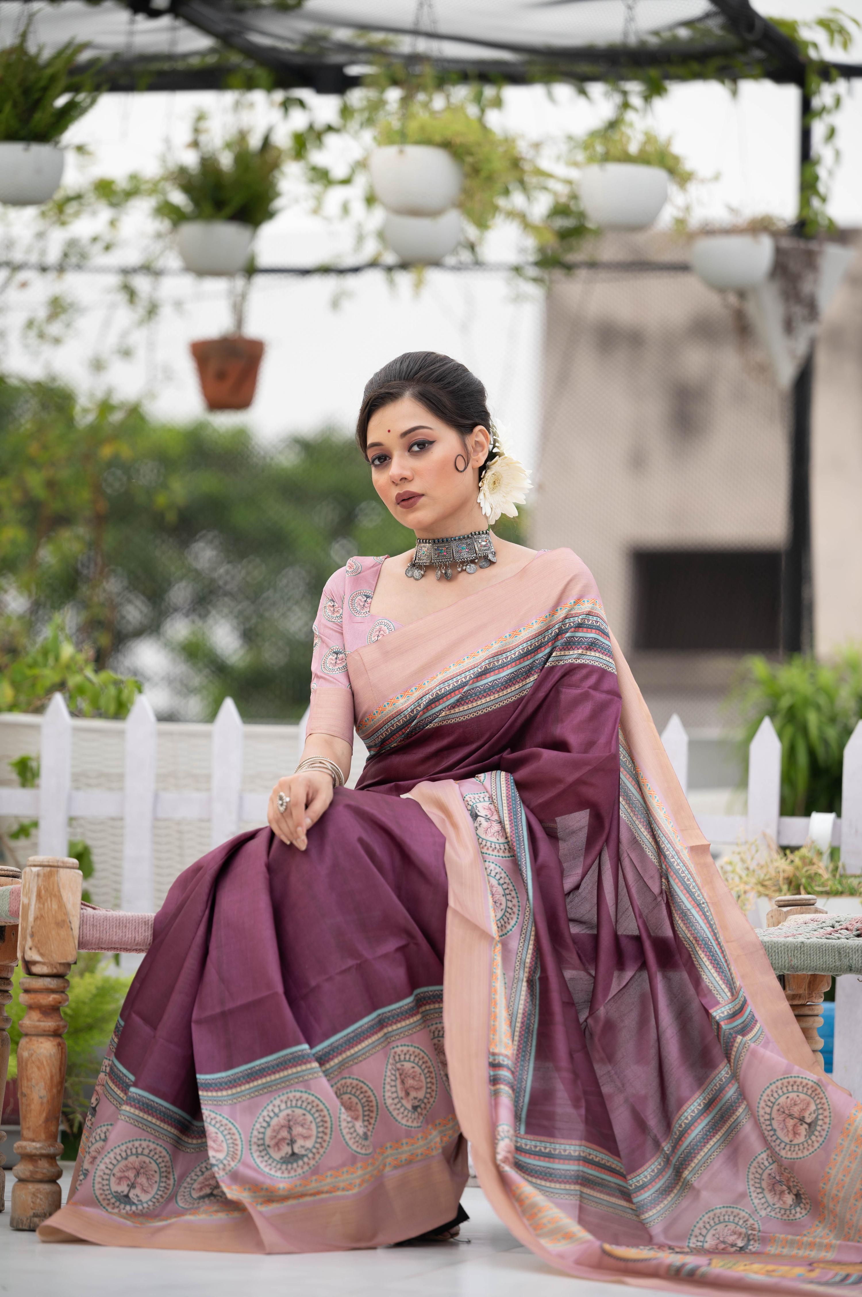 Wine Soft Tussar Silk Saree with Traditional Print & Zari Border