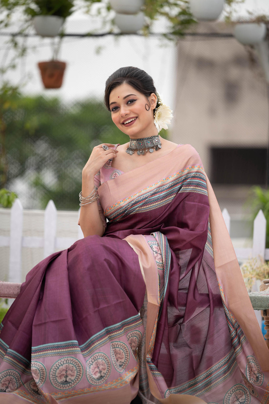 Wine Soft Tussar Silk Saree with Traditional Print & Zari Border