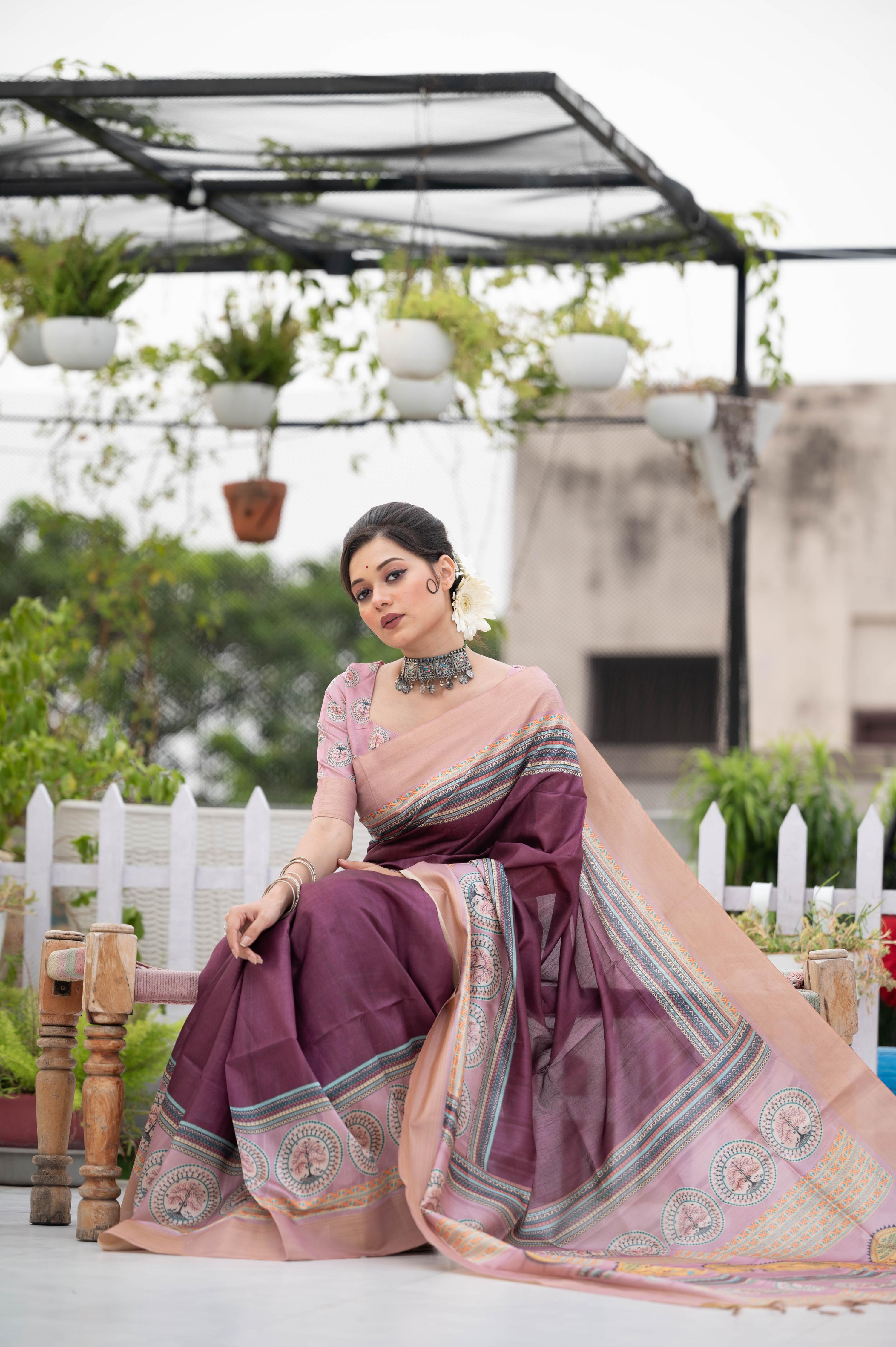 Wine Tussar silk traditional saree with intricate Zari border and print