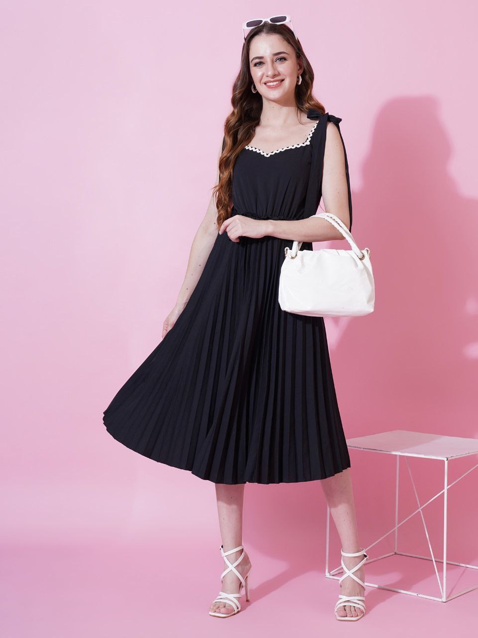 Black Heavy Crepe Crushed Flared Western Dress