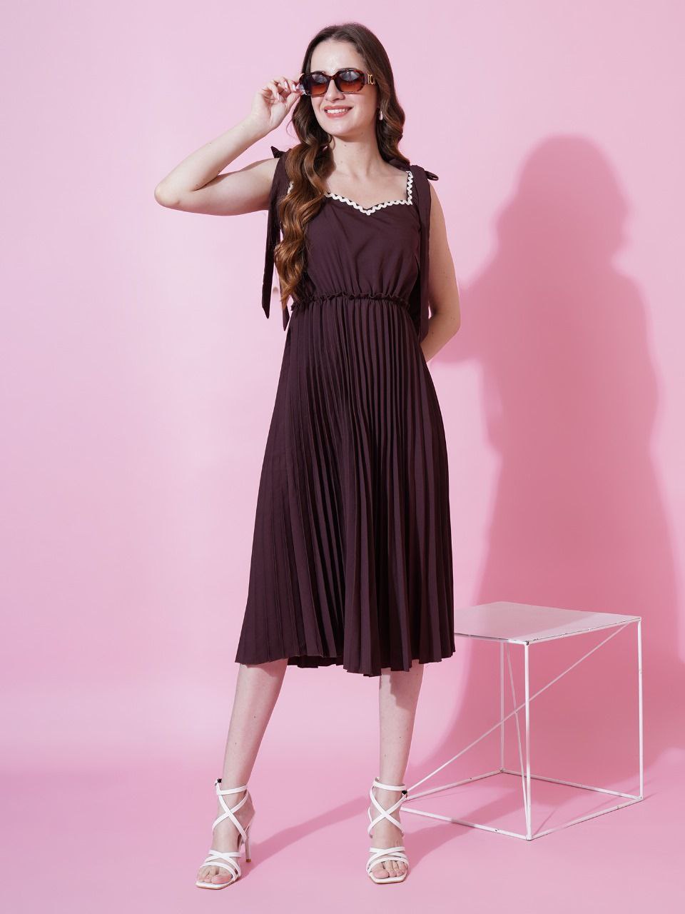 Brown heavy crepe crushed flared western dress with shoulder tie-ups