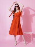 Orange heavy crepe crushed flared western dress with shoulder tie-ups