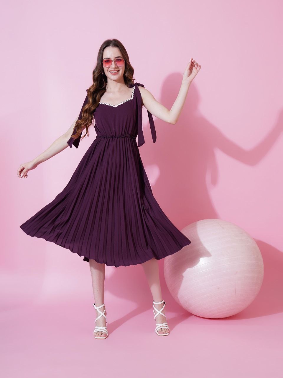 Wine Heavy Crepe Crushed Flared Western Dress