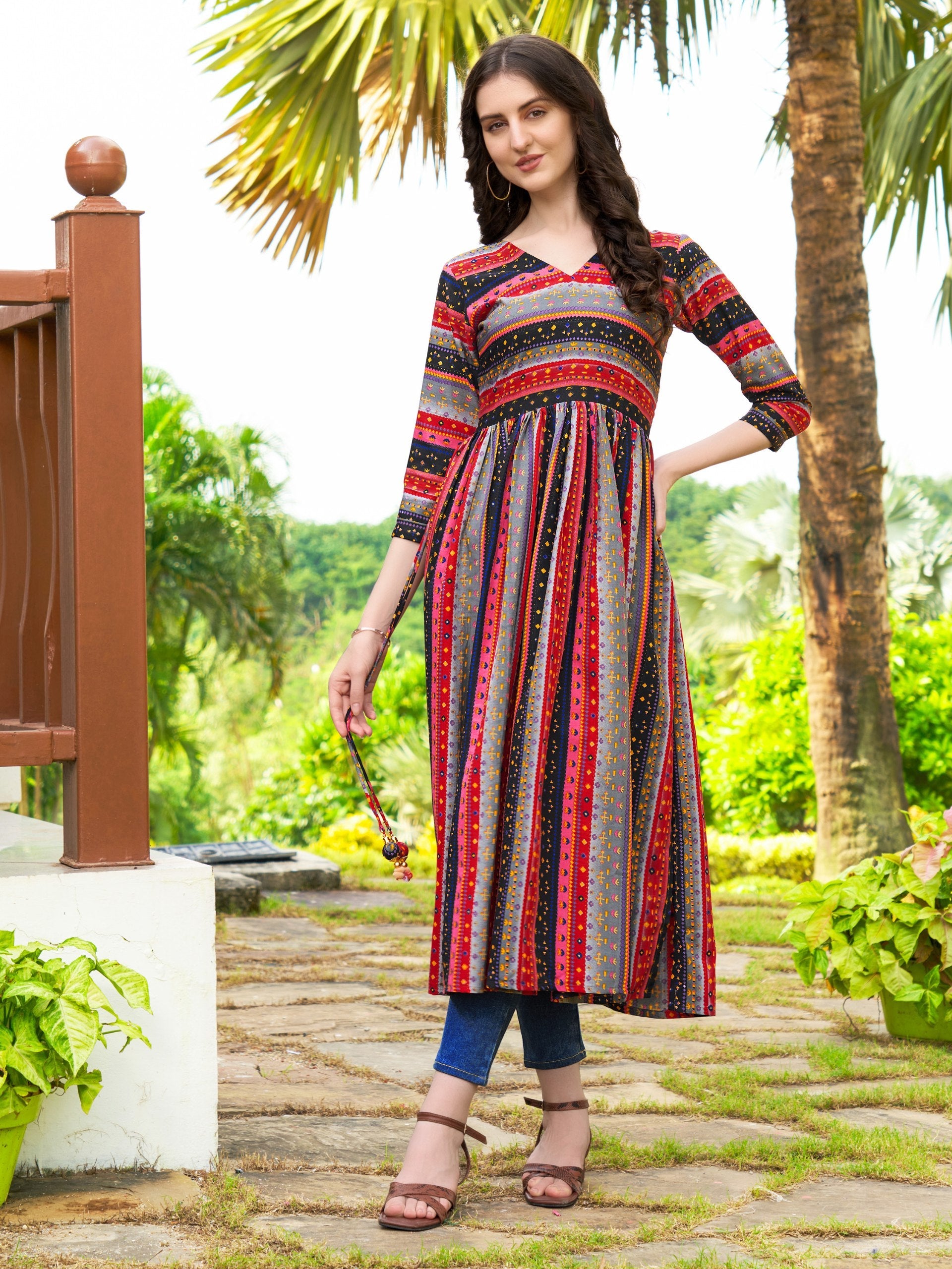 Black Geometric Printed Flared Kurta with Latkan Accent
