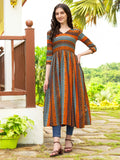 Orange geometric printed flared rayon kurta with handmade latkan detail