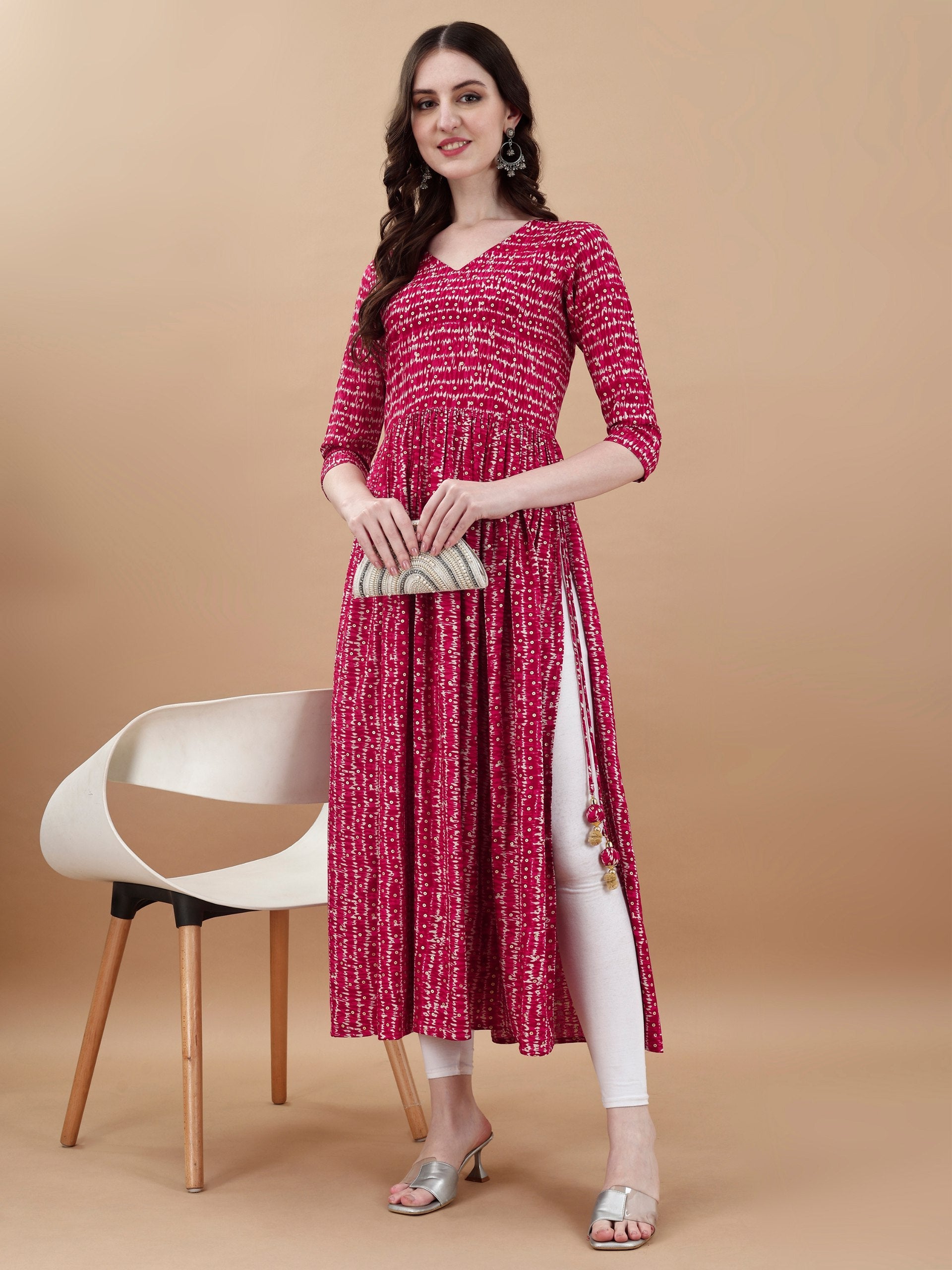 Women's Rani Pink Bandhani Printed Flared Rayon Kurta