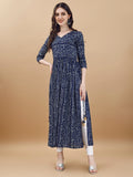 Women's Navy Blue Rayon Bandhani Printed Flared Casual Kurta