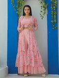 Baby Pink georgette choli with sequins, printed shrug, and matching sharara bottoms.