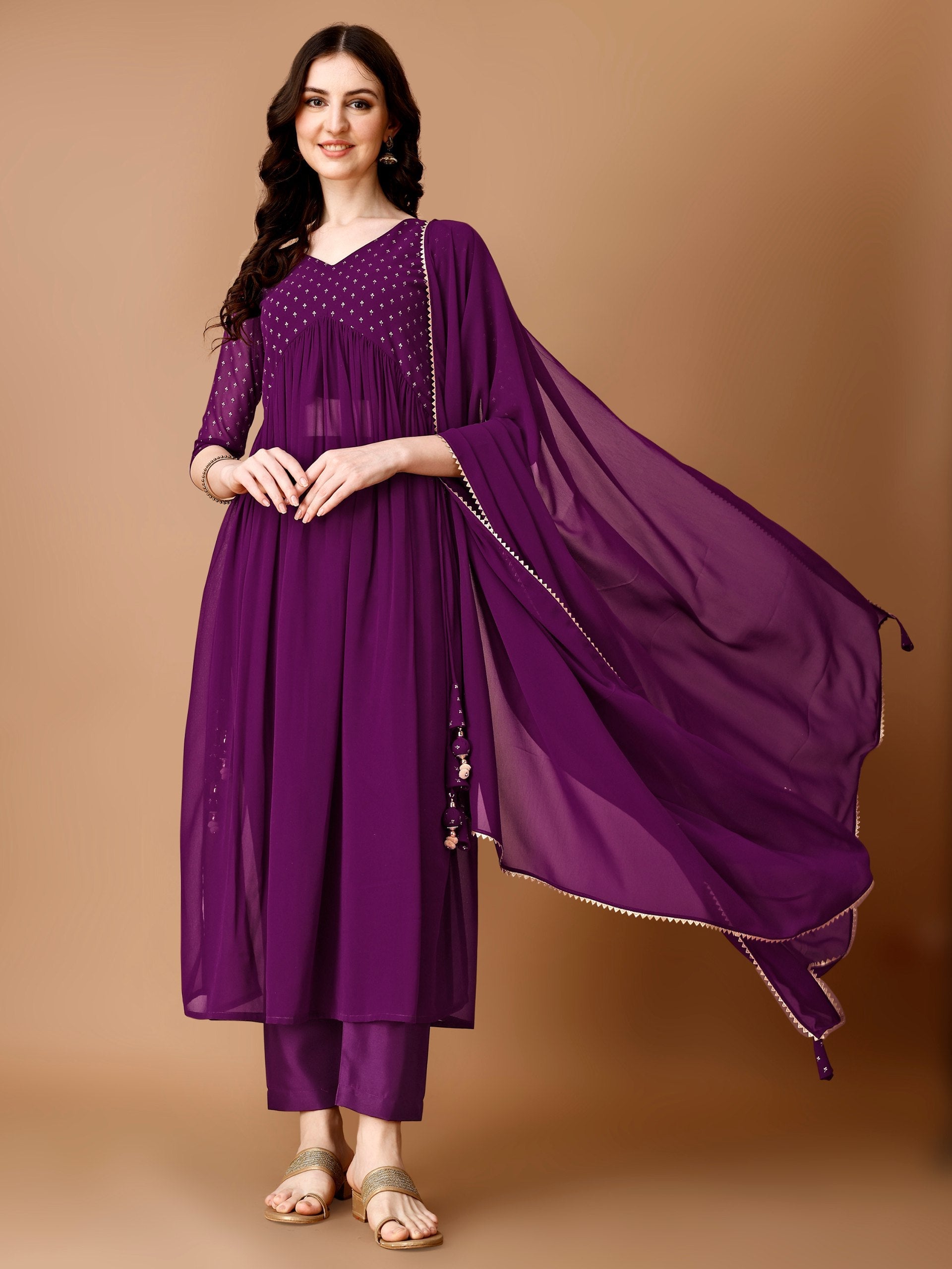 Wine georgette A-line kurta set with gold foil print and matching dupatta