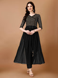 Jyoti Fashion Women's Black Georgette Foil Printed Kurta Set with Dupatta
