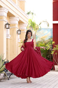 Jyoti Fashion Women's Cherry Red Satin Silk Lace Work Gown with Dupatta Set