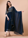 Navy blue georgette gown with gold geometric foil print and latkan