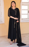 Elegant black georgette A-line gown with gold foil print and dupatta