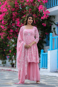 Baby pink Faux Georgette peplum sharara set with delicate Resham embroidery for toddlers