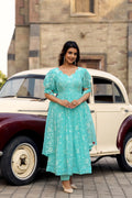 Sky Blue full-length A-line kurta set with Resham embroidery and umbrella sleeves