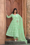 Pista Green A-Line faux georgette kurta set with Resham embroidery and matching dupatta