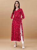 Rani Pink Bandhani printed flared rayon kurta with handmade latkan detailing