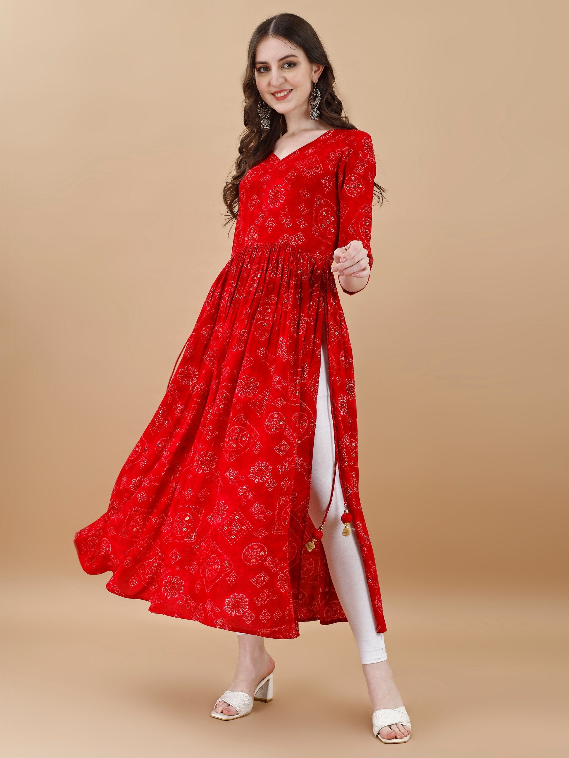 Women's Red Rayon Bandhani printed flared kurta with handmade latkan details