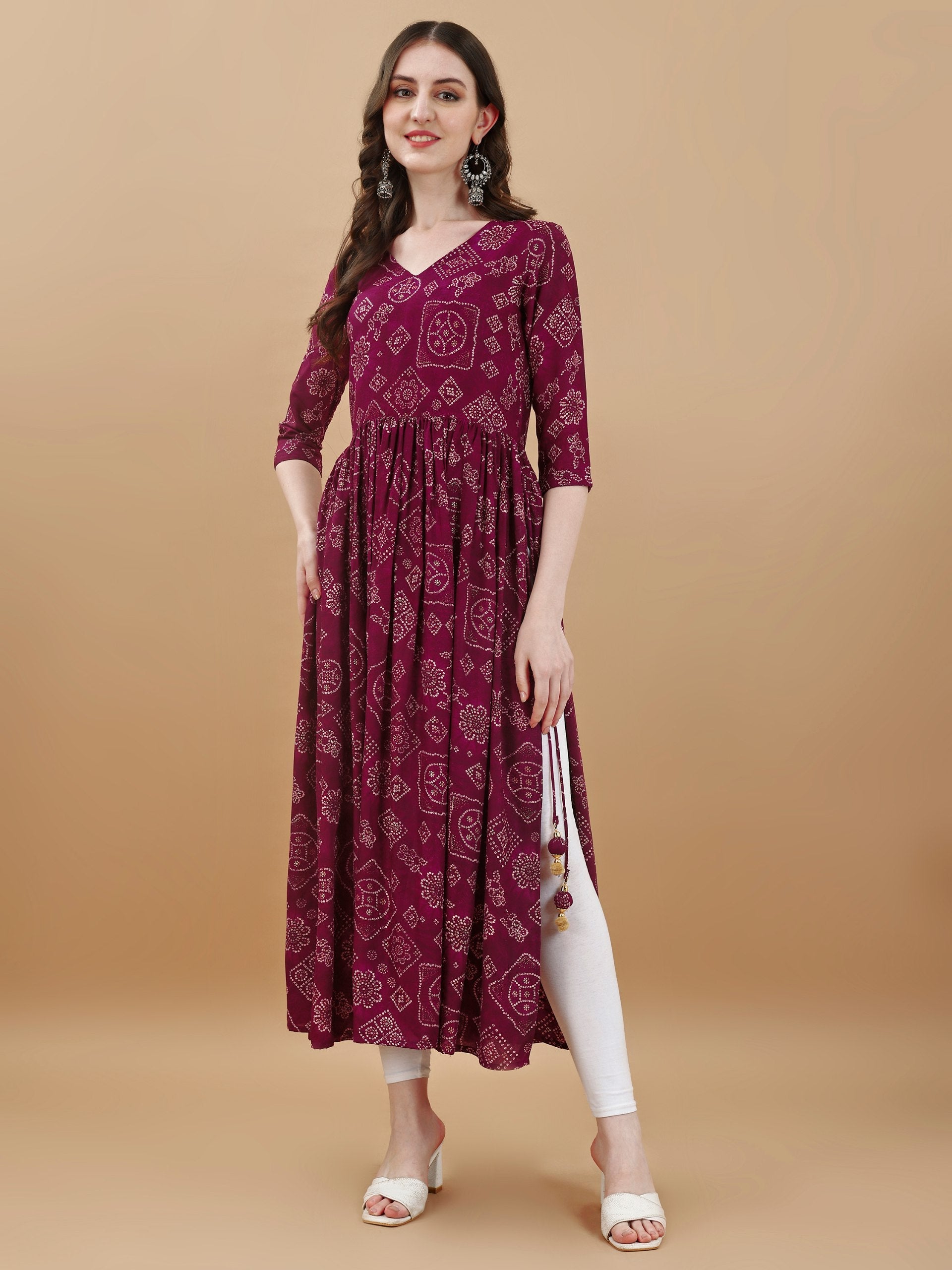 Women's Wine Rayon Bandhani printed flared kurta with handmade latkan details
