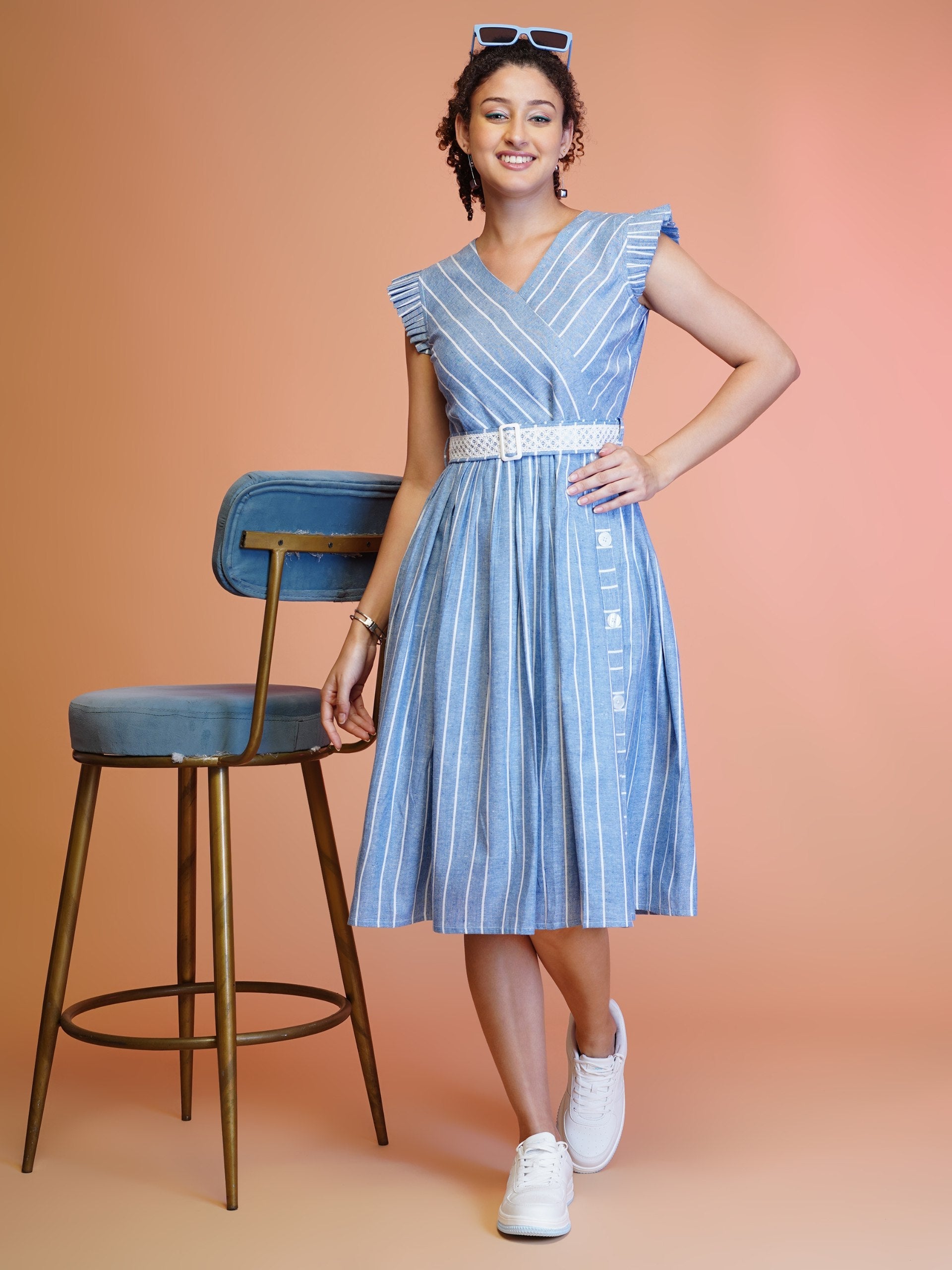 Sleeveless blue cotton midi dress with striped pattern and embroidered belt