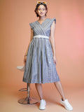 Grey cotton striped western midi dress with embroidered belt