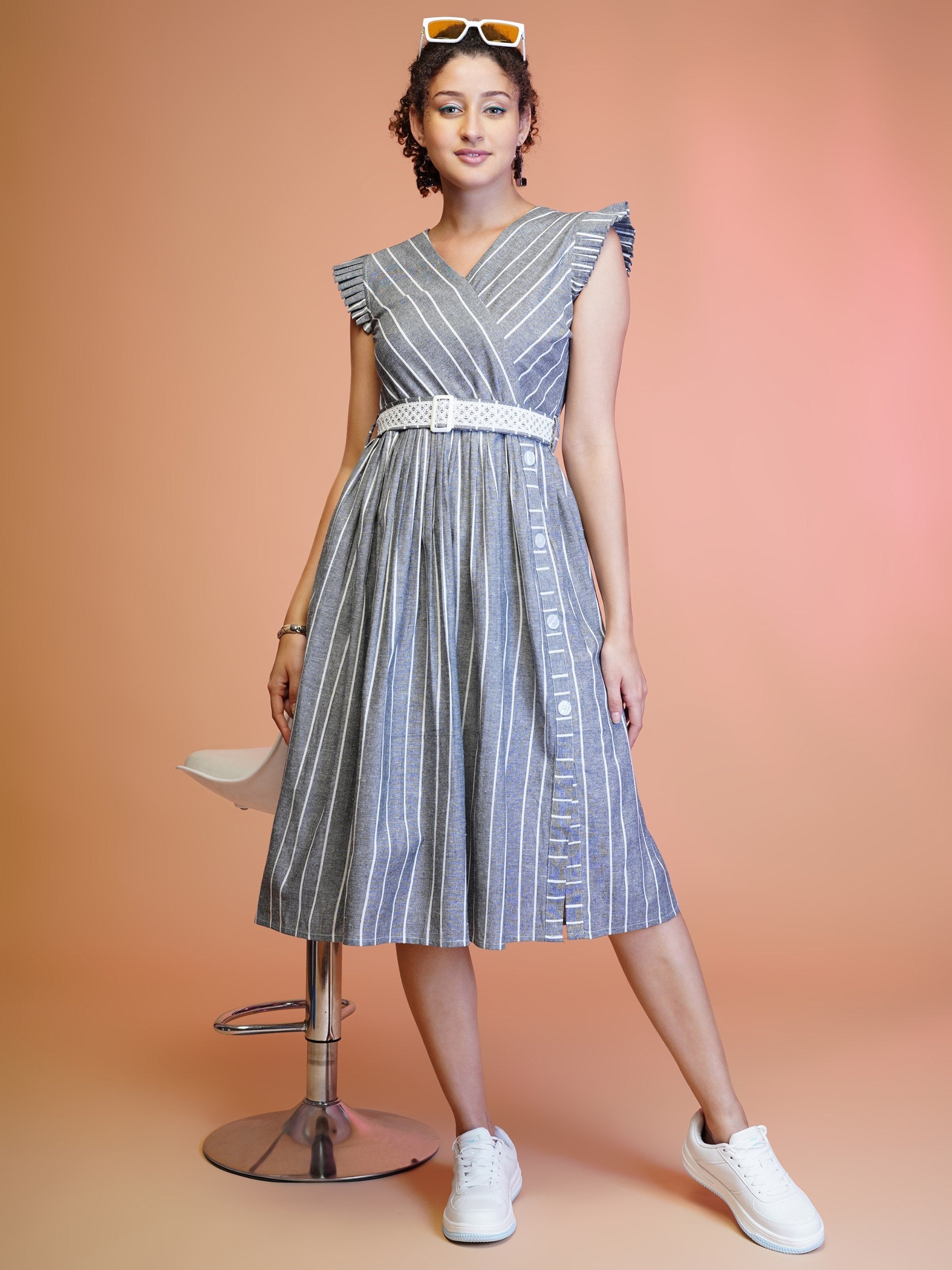 Grey cotton striped western midi dress with embroidered belt