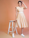Orange and white striped cotton midi dress with an embroidered waist belt.