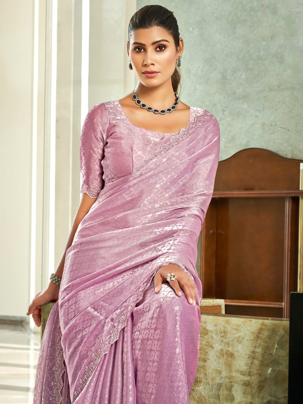 Jyoti Fashion Women's Pink Silk Blend Embellished Border with Beads & Crystal Cutwork Saree with Blouse