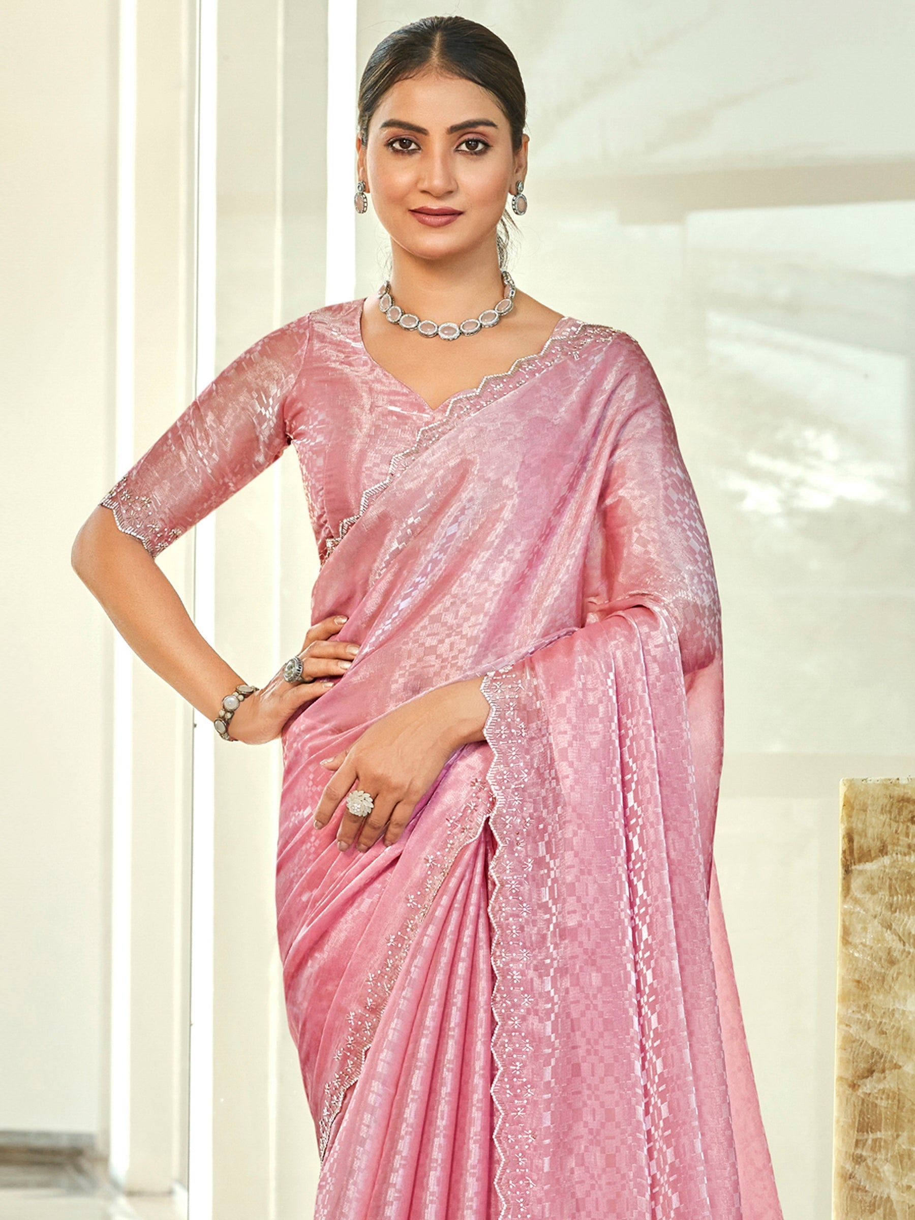 Pink Silk Blend Saree with Beaded Border and Crystal Cutwork