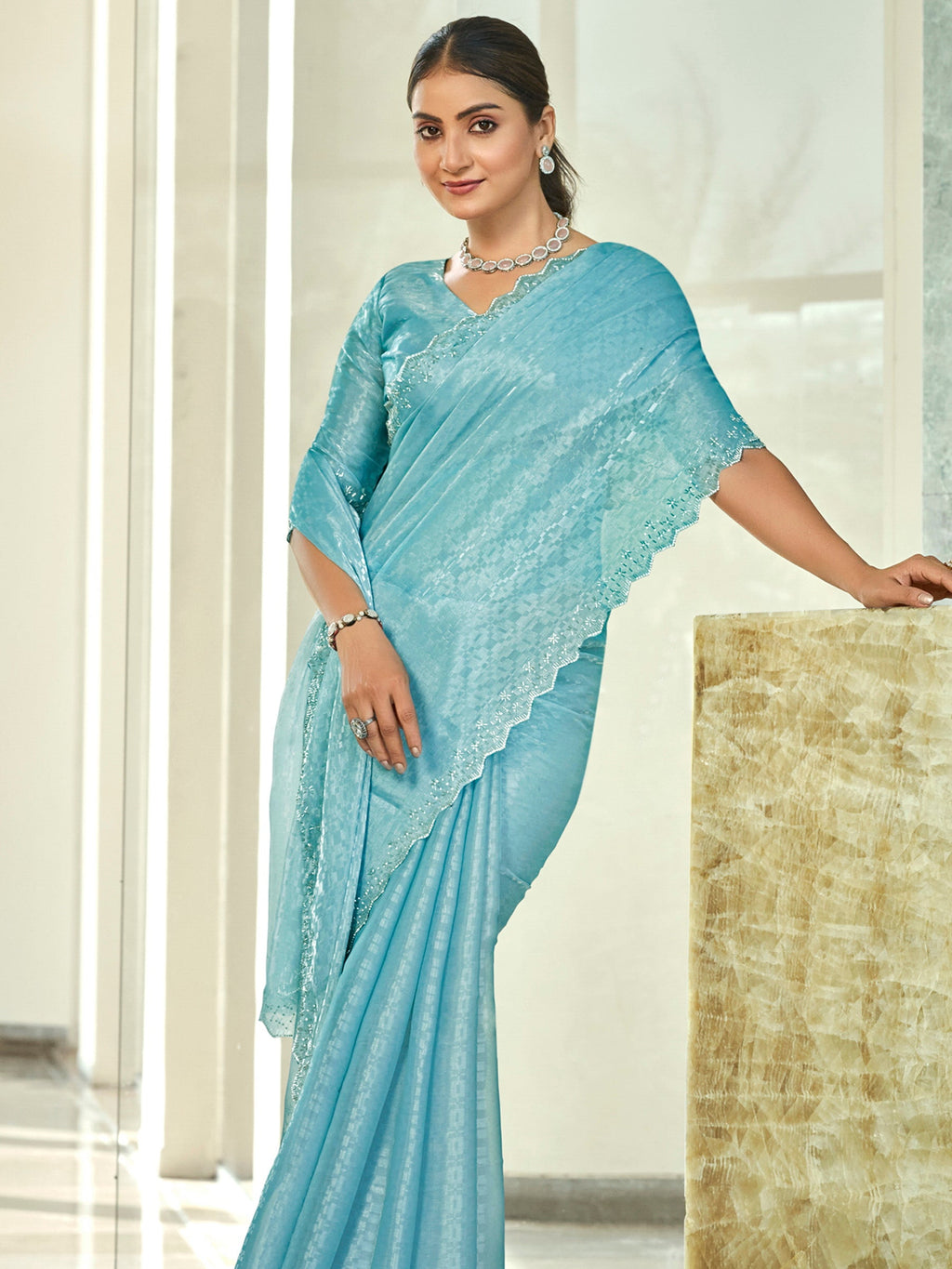 Sky Blue Silk Blend Saree with Beads & Crystal Cutwork