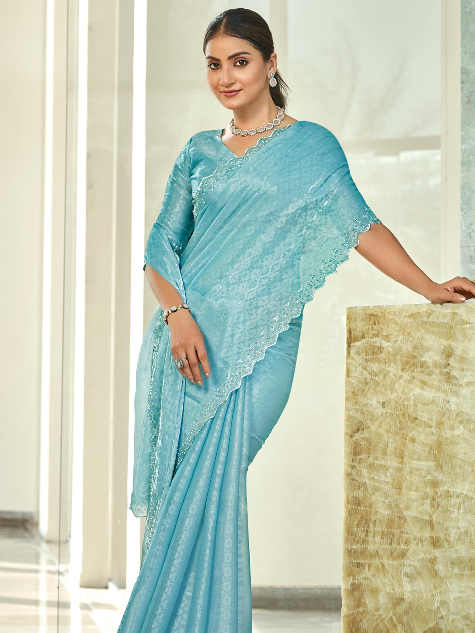 Sky Blue Silk Blend Saree with Beads & Crystal Cutwork