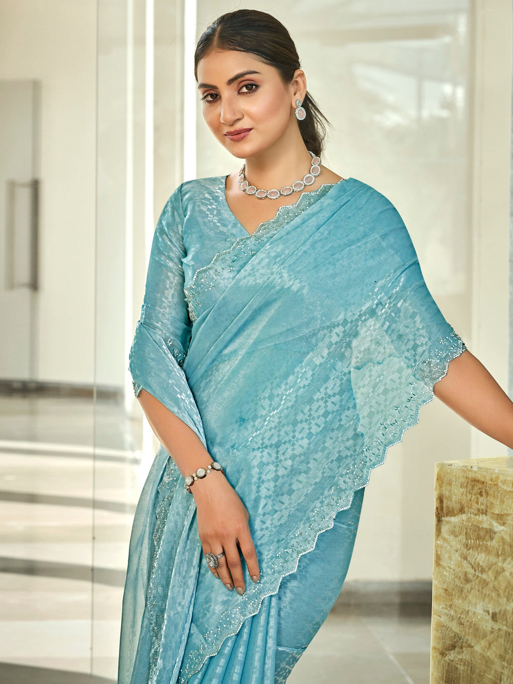 Sky Blue Silk Blend Saree with Beads & Crystal Cutwork