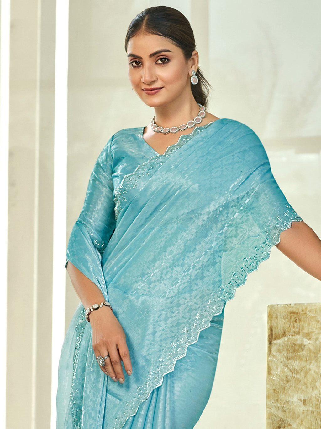 Sky Blue Silk Blend Saree with Beads & Crystal Cutwork